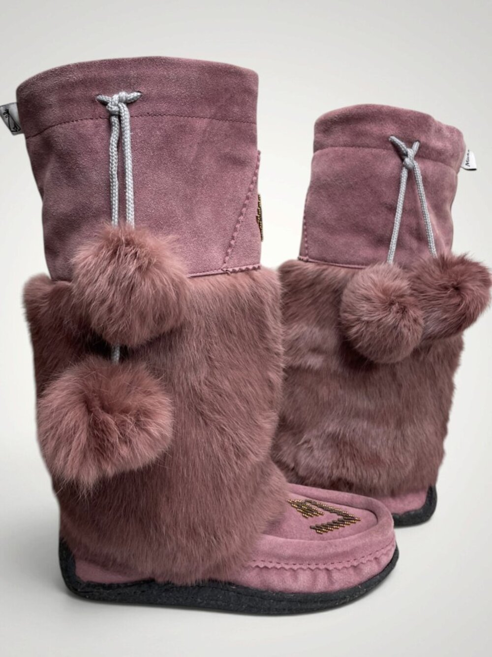 Muks Suede Leather Rabbit Fur Beaded Mukluks Mauve Pink Winter Boots Women's 7